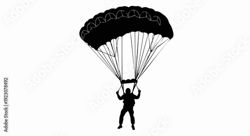 Silhouette of a Skydiver with Parachute Against White Background.