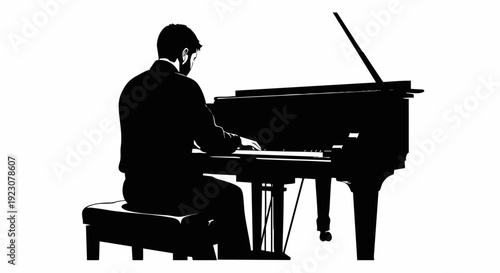 Elegant silhouette of a male pianist playing a grand piano.