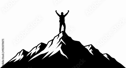 Silhouette of a person standing on top of a mountain celebrating success.