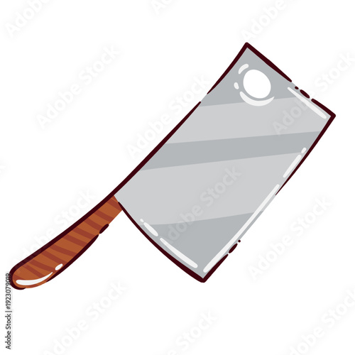 Meat cleaver with wide steel blade and wooden handle, butcher tool for bbq, grill and meat cutting. Meat cleaver in bold doodle style, vector illustration.