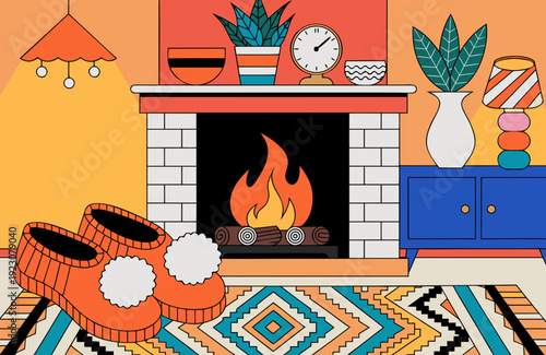 Cozy knitted slippers resting on woven rug near warm fireplace in comfortable living room winter evening soft glow inviting home atmosphere