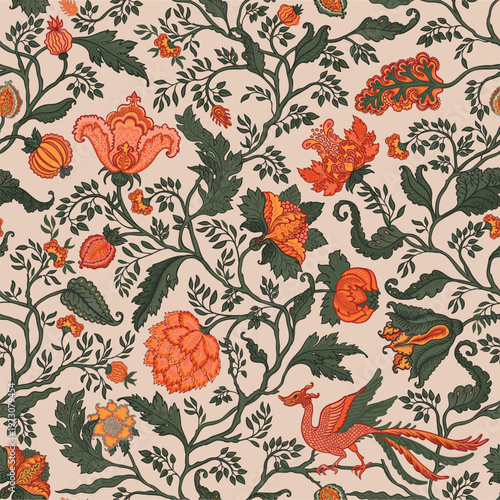 Detailed Jacobean chintz seamless vector pattern with rich flowers, foliage, ...
