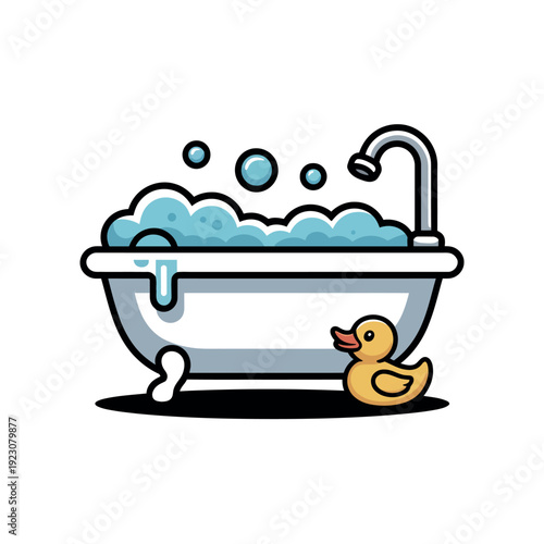 A cartoon rubber duck in a bubble bath