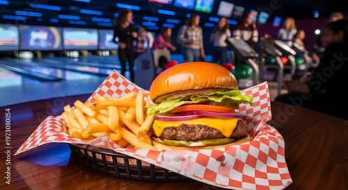 A delicious burger and fries in a basket on a table in a bowling alley with people in the background