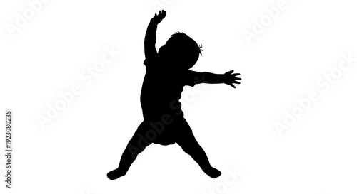 A silhouette of a baby with arms raised and legs spread, appearing to jump or dance against a white background.