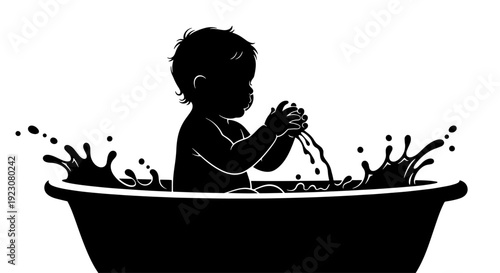 Black silhouette of a baby playing in a bathtub, splashing water, against a white background.