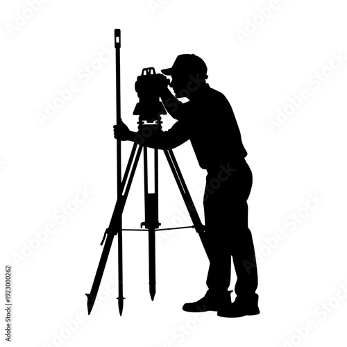A silhouette of a surveyor using a total station on a tripod with a leveling rod, performing land measurement.