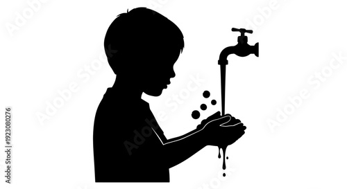 Silhouette of a child washing hands under a running water tap with bubbles and droplets.