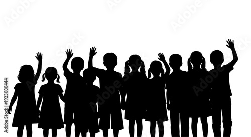 Silhouettes of a diverse group of happy children with raised hands against a white background.