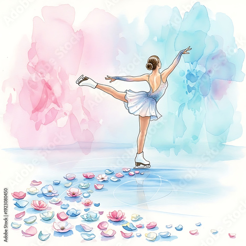 Graceful Figure Skater Girl on Ice with Flowers Watercolor Illustration, Winter Sports and Spring Beauty Concept