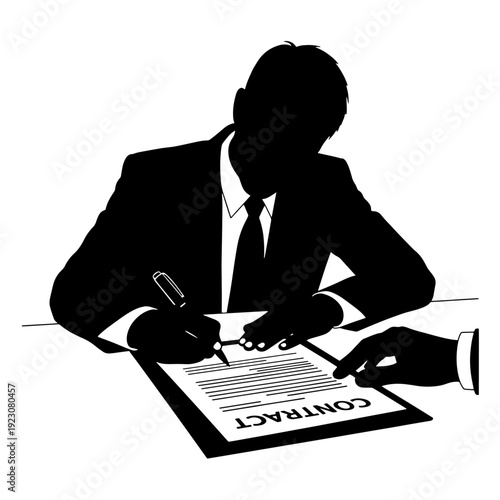 A person in a suit signing a contract document with another hand pointing, representing a business agreement or legal transaction.