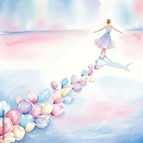 Graceful Figure Skater Girl on Ice with Flowers Watercolor Illustration, Winter Sports and Spring Beauty Concept