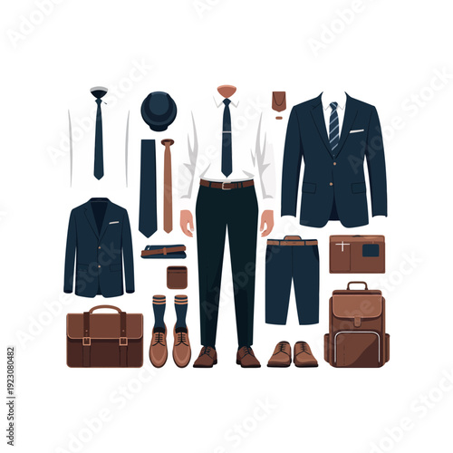 A collection of men's formal business attire and accessories