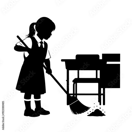Silhouette of a young schoolgirl sweeping a classroom floor with a broom, next to a desk and chair.