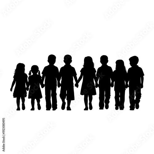 Silhouettes of a diverse group of eight children holding hands and walking together, symbolizing friendship and unity.