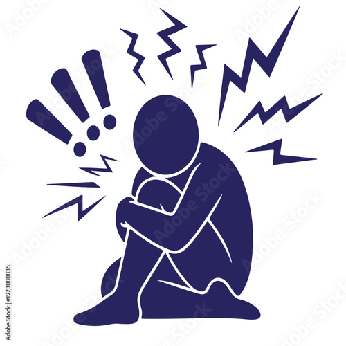 Abstract representation of distress person curled up in fetal position with lightning bolt symbols indicating mental anguish, anxiety, stress and emotional pain, dark blue silhouette