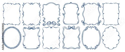 Whimsical frames with wavy squiggle borders and curly ribbon details arranged in playful collection layout. Whimsical frames in trendy vintage style for invitations, branding and packaging. Outline ve