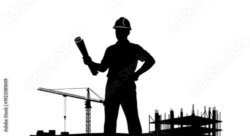 Silhouette of an engineer or architect holding blueprints at a construction site with a crane and building.