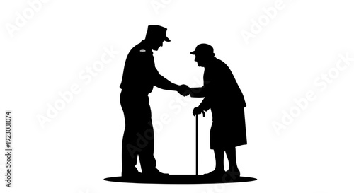 Silhouette of a uniformed man shaking hands with an elderly woman using a cane, symbolizing respect and assistance.