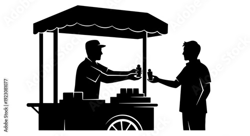 A vendor selling a drink to a customer from a street cart, depicted in silhouette.