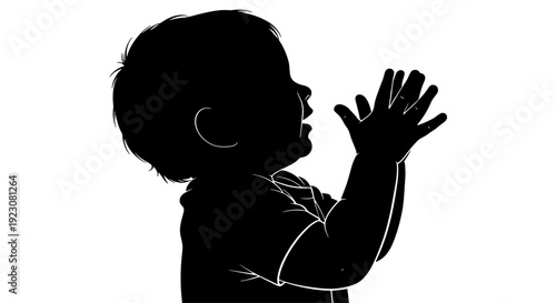 Silhouette of a baby or toddler with hands raised, clapping or reaching, against a clean white background.