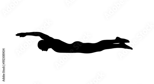 A black silhouette of a swimmer in a streamlined position, seen from the side against a white background.