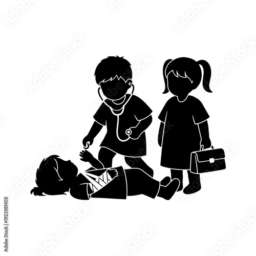 Silhouettes of children playing doctor, with one child examining an injured friend and another holding a medical bag.