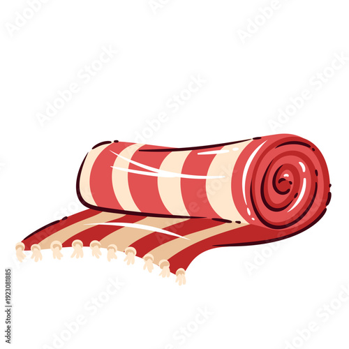Beach towel with red and beige stripes, rolled shape and soft tassels for summer vacation theme. Beach towel illustrated in bold doodle cartoon style vector illustration.