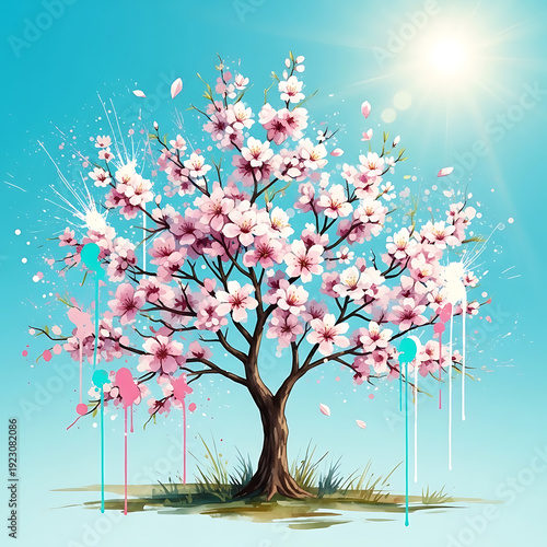 8 March Calligraphy Text with Blooming Spring Tree Branches and Pink Flowers Watercolor