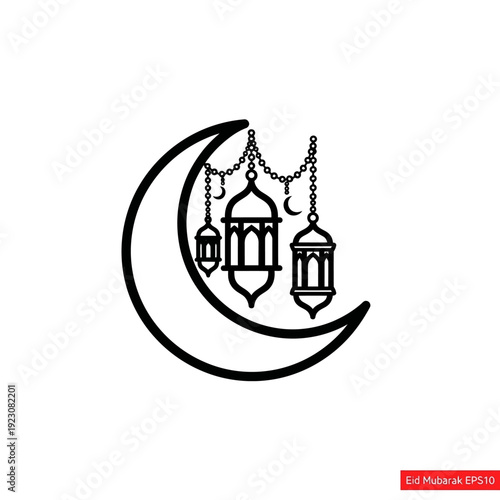 Crescent moon with hanging lanterns for Ramadan or Eid celebration.