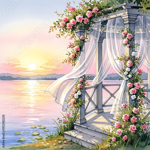 Romantic Wedding Gazebo with Pink Roses and Flowing Fabric on Lake Shore Watercolor Illustration