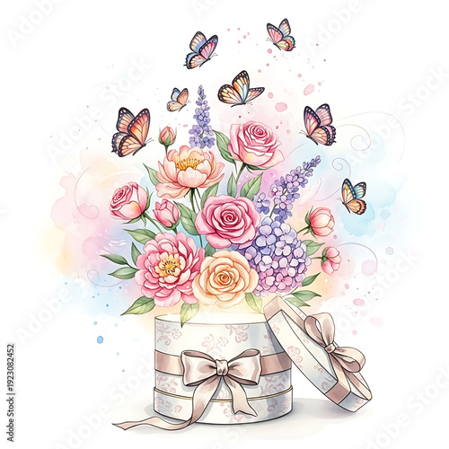 Magic Gift Box with Explosion of Beautiful Spring Flowers and Butterflies Watercolor Illustration