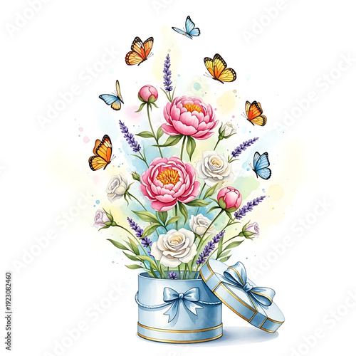 Magic Gift Box with Explosion of Beautiful Spring Flowers and Butterflies Watercolor Illustration