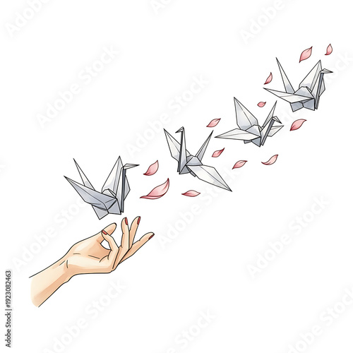 Hand Releasing Origami Paper Cranes with Pink Petals Symbol of Peace and Hope Watercolor Illustration