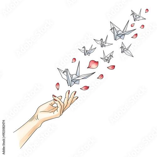 Hand Releasing Origami Paper Cranes with Pink Petals Symbol of Peace and Hope Watercolor Illustration