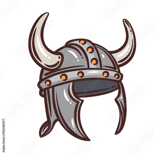 Viking helmet with curved horns and riveted metal plates, detailed norse warrior headgear inspired by scandinavian mythology. Vintage engraving line Viking helmet vector illustration.
