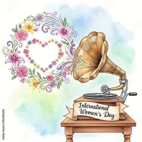 Vintage Gramophone with Flowing Spring Flowers and International Women's Day Banner Watercolor