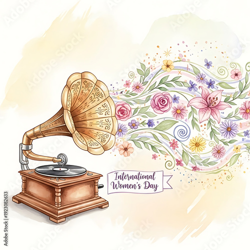 Vintage Gramophone with Flowing Spring Flowers and International Women's Day Banner Watercolor