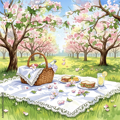 Romantic Couple Picnic in Blooming Apple Orchard Garden with Wine and Cheese Watercolor Illustration