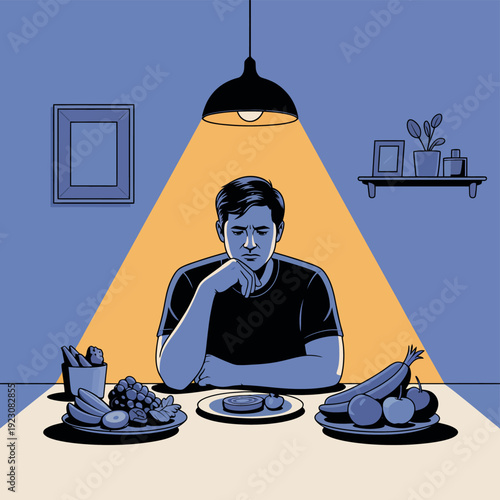 A man sitting alone at a table with a thoughtful expression surrounded by healthy food