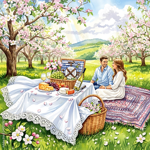 Romantic Couple Picnic in Blooming Apple Orchard Garden with Wine and Cheese Watercolor Illustration
