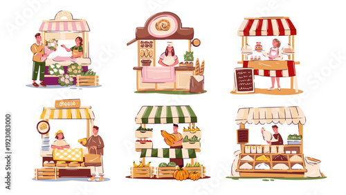 Cartoon market stalls collection with flowers, bakery, pastries, cheese, vegetables and grains in friendly doodle style, clean outlines and soft shading, vector illustration.