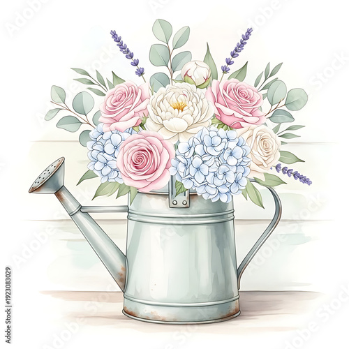 Vintage Metal Watering Can with Romantic Spring Flower Bouquet Watercolor Illustration