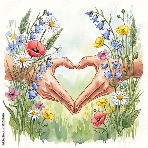 Hands Heart Shape in Wildflower Meadow Watercolor Ecology and Love Concept Illustration
