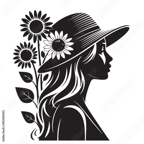 Stylish woman wearing wide brimmed hat with sunflowers behind her vector silhouette design portraying summer elegance nature connection and female allure