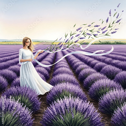 Dreamy Woman in White Dress in Lavender Field with Magic Flowing Ribbon Watercolor