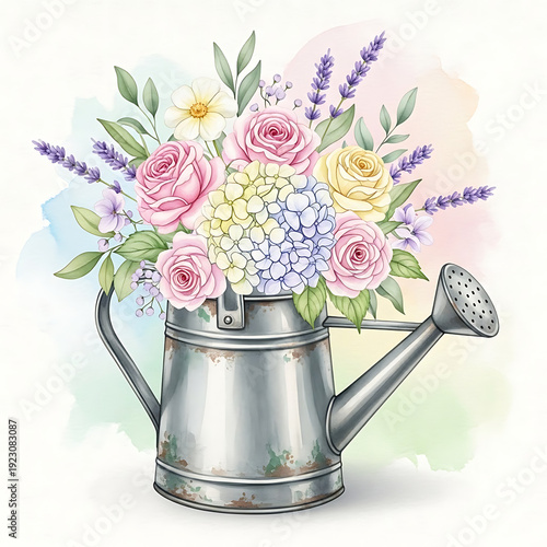 Vintage Metal Watering Can with Romantic Spring Flower Bouquet Watercolor Illustration