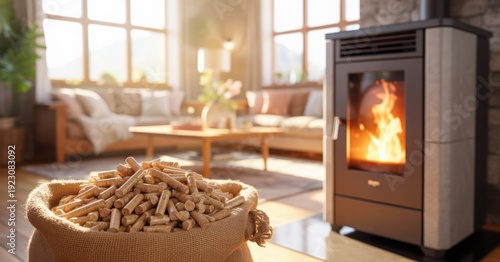 A sack of wood pellets sits beside a modern burning pellet stove in a cozy home.