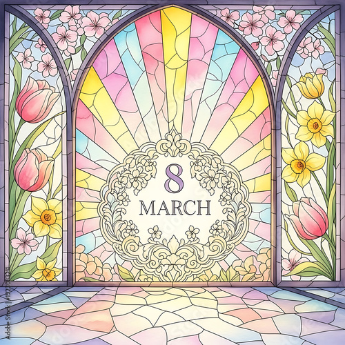 Stained Glass Window Style Greeting for March 8 - International Womens Day Floral Art