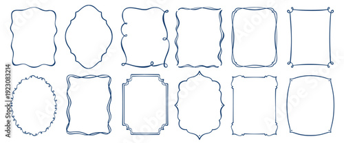 Whimsical frames with wavy squiggle borders and curly ribbon details arranged in playful collection layout. Whimsical frames in trendy vintage style for invitations, branding and packaging. Outline ve